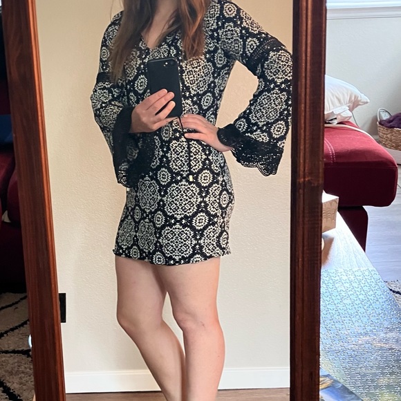 Boho black and off white mini beach cover up w/ crochet details - Picture 3 of 11